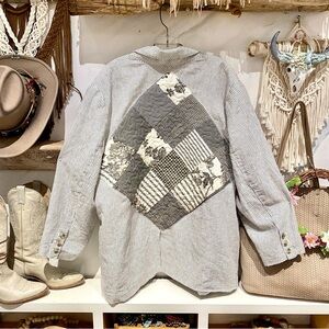 Upcycled patchwork vibe pin Stripes LINEN blazer jacket w cottagecore vibe